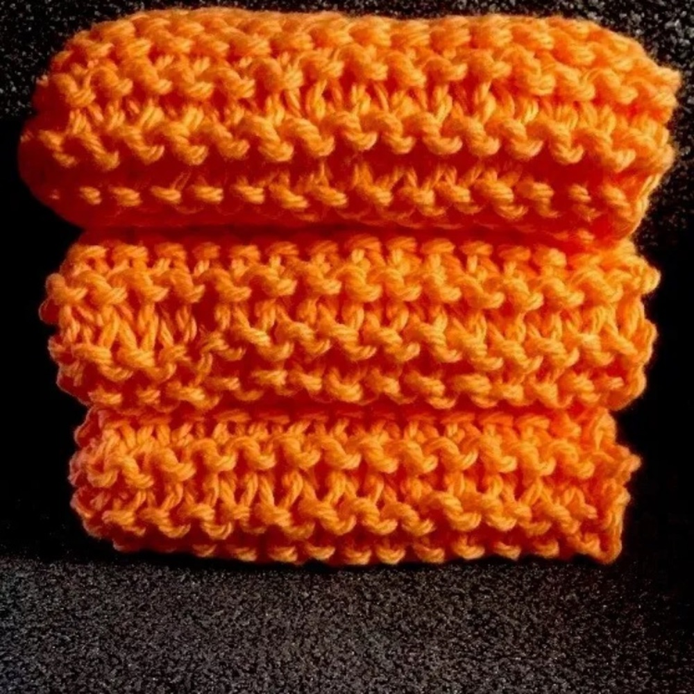 Three Hand Knit Cotton Dishcloths Orange